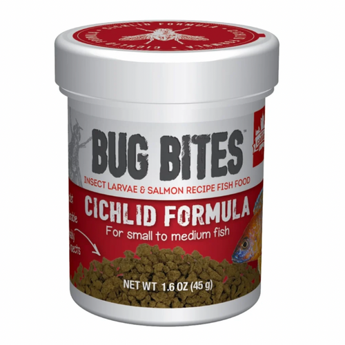 Bug Bites Cichlid Granules fish food with Black Soldier Fly larvae, whole salmon, and slow-sinking format for active cichlids