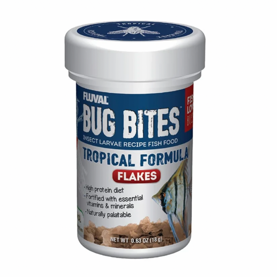 Bug Bites Tropical Flakes fish food with Black Soldier Fly larvae, high protein, and Omega 3 & 6 for tropical fish health and color