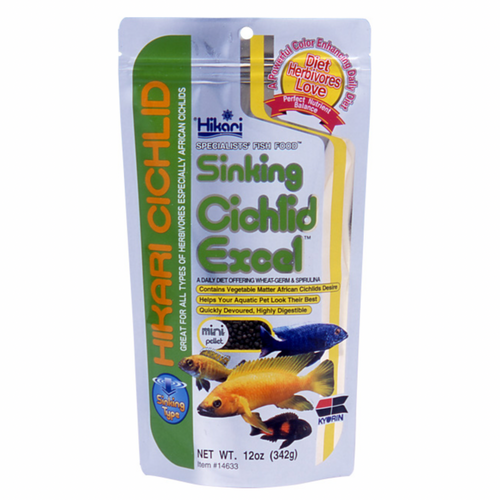 Hikari Sinking Cichlid Excel, plant-based daily diet with Spirulina for herbivorous cichlids and larger tropical fish.